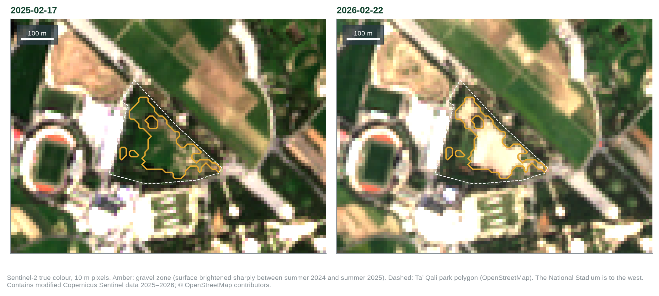 Figure 1. The picnic area in February 2025 (green) and February 2026 (bare), with the gravel zone in amber.
